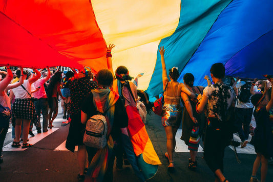 lgbtqia+ parade , people with lgbt flag